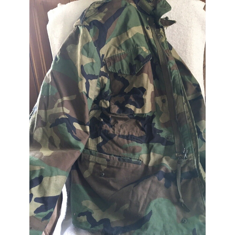 US Army Military Green Cameo Field Jacket Cold Weather Coat RN35569 Sz S w Liner